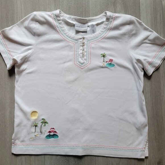 Alfred Dunner PM White Embroidered Flamingo & Palm Trees Cotton Blend Short Slee - Picture 2 of 10